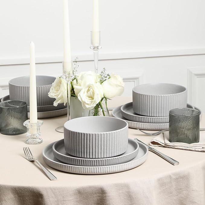 Stone Lain Haven Stoneware 12-Piece Dinnerware Set, Grey - Plates and Bowls Sets for 4, Elegant Dish Set, Includes Dinner Plates, Salad Plates Cereal Bowls, Microwave & Dishwasher Safe