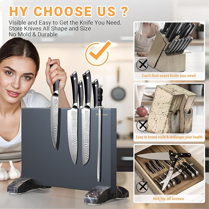 Magnetic Knife Block Without Knives, Black Stainless Steel Magnetic Knife Holder Stand with Strong Knife Magnet Double Side Knife Magnetic Strip Knife Storage Organizer for Kitchen Counter Top