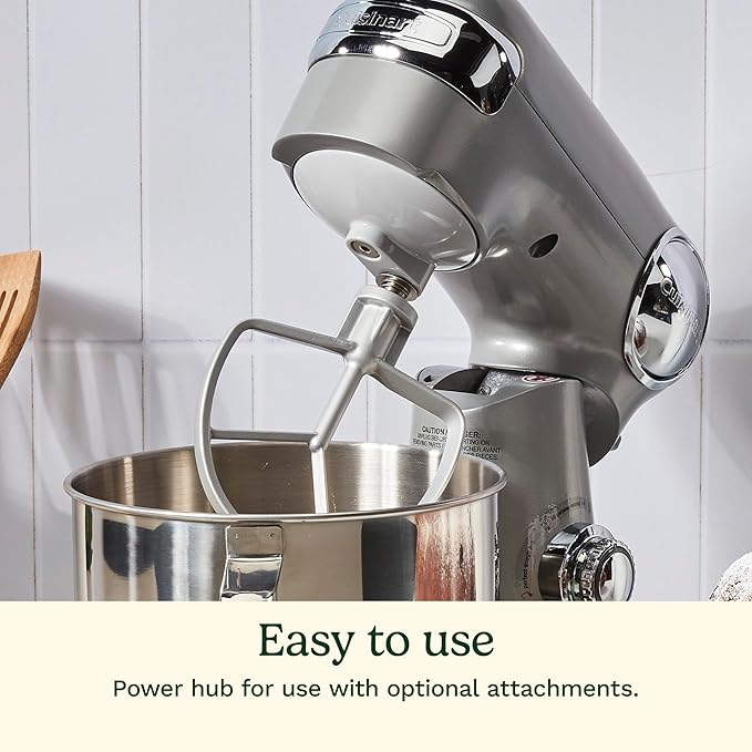 Cuisinart Stand Mixer, 12 Speeds, 5.5-Quart Mixing Bowl, Chef's Whisk, Flat Mixing Paddle, Dough Hook, and Splash Guard with Pour Spout, Silver Lining, SM-50BC, Silver Lining