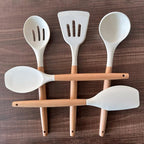 Silicone Kitchen Utensils Set of 5, Cooking Utensil Set with Heat Resistant Wooden Handle Non-Stick Silicone Spatula Spoon Turner Ladle, BPA FREE Cooking Kitchen Gadgets for Cookware & Baking