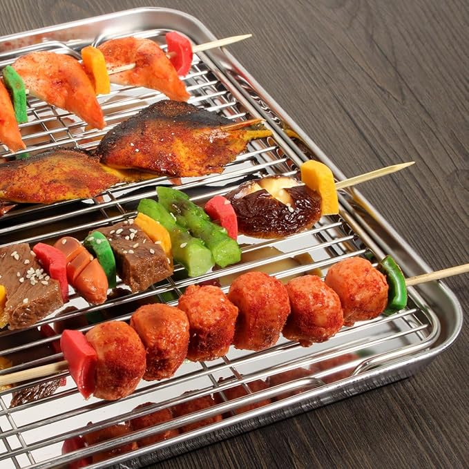 Baking Sheet with Cooling Rack Set (2 Pans + 2 Racks), Yododo Stainless Steel Baking Pan Cookie Sheet Cookie Pan with Rack, Size 16 x 12 x 1 Inch, Mirror Finish & Non Toxic & Heavy Duty & Easy Clean