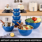 Blue Mixing Bowls with Lids Set of 7, Stainless Steel Nesting Bowl with Khaki Lid for Non-slip Mixing Prepping Storing Serving, 7 Sizes-7/3.6/2.7/2.1/1.5/1/0.8 QT