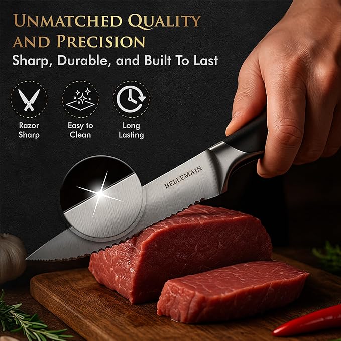 Bellemain Premium Steak Knives Set of 8, Kitchen Knife Sets with Steel Blades for Precise Cutting, Lightweight Steak Knife Set Stainless Steel & Durable, Serrated Steak Knives Dishwasher Safe