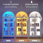 Arched Kitchen Pantry Cabinet with Glass Doors, Display Curio Case with 3 Color LED Lights for Collectibles, Modern 5-Tier Storage Hutch Cabinet, White