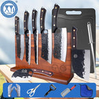 XYJ Authentic Since 1986, Knife Block Set, Full Tang Knives Set with Holder, Cutting Board, Sharpener Rod, Scissors, Cut Resistant Gloves, High Carbon Steel Blades, Cleaver, Slicing Kitchen Knives