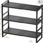 Expandable Stackable Aadjustable Shoe Rack Pantry Shelf for Kitchen Cabinets Counter Shelves Countertop Cupboard Storage Solution,Sturdy Heavy-Duty Metal Construction(3Packs/Black/Large)