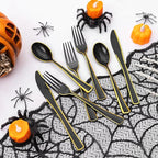 WDF 180 Pieces Black and Gold Plastic Silverware -Halloween Black Plastic Cutlery Incluede 60 Forks 60 Knives 60 Spoons Heavy Duty Disposable Flatware - Gold Utensils for New Year/Party/Daily Use