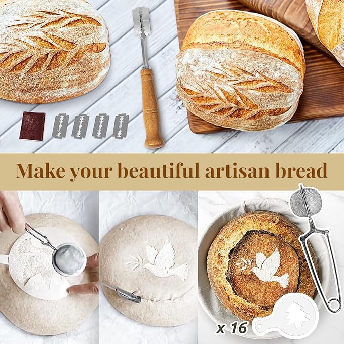 Sourdough Starter Kit, 9" Round & 10" Oval Banneton Bread Proofing Baskets Set, Sourdough Bread Baking Supplies Making Tools with Dough Scraper, Whisk, Bread Lame, Silicone Sling, Recipe