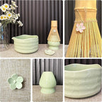 Matcha Set–7-Piece Set Including Matcha Bowl with Spout, Whisk, Chasen Holder, Sifter, Bamboo Scoop,Scoop Stand,wood spoon(Daisy Green)–Perfect for Matcha Lovers&Tea Ceremonies
