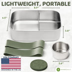 Everusely - Bento Box - Sage, 60oz / 1.8 L - Stainless Steel Lunch Box with Leakproof Condiment Container - 3 Compartment Snack Organizer for On the Go Meals - Freezer & Dishwasher Safe