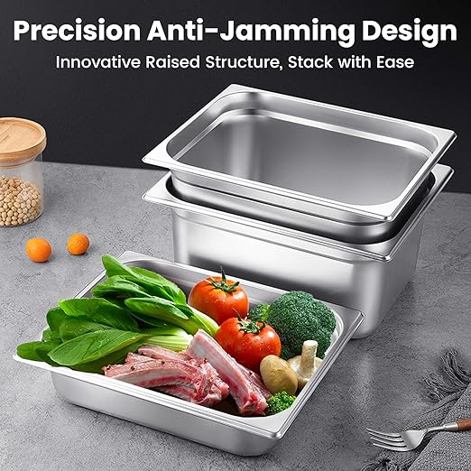1/2 Hotel Pans 6 Inch Deep Stainless Steel Food Pan - Anti-Jam 6 Pack Steam Table Pan Set for Catering, Buffet Use, Kitchen Prep