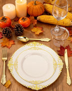 Nervure 350PCS Ivory Plastic Plates - Ivory Gold Plastic Dinnerware Sets for 50 Guests - 100 Gold Disposable Plates, 50 Pre Rolled Silverware Sets, 50 Cups Perfect for Wedding & Thanksgiving
