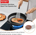 Stainless Steel Fish Spatula, Metal Fish Turner with Silicone Handle, Kitchen Slotted Spatula for Cast Iron Skillet Cooking and Grilling, Beveled Edge and Curved Blade, 13.5 Inch