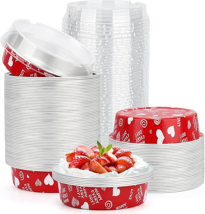 Beasea Mini Pie Pans with Lids Disposable, Set of 100 Pack 4” 8oz Red Aluminum Baking Foil Tins Small Round Tart Container for Individual Cupcake Cheesecake Ramekin Dessert Muffin Quiche Oven Dishes