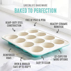 GreenLife 12-Cup Muffin Pan, Healthy Ceramic Nonstick Bakeware, PFOA & PFAS-Free Cupcake Tray, Durable Baking Pan, Versatile Kitchen Essential, Easy Clean Muffin Mold, Nonstick Baking Sheet, Turquoise