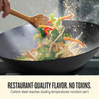 Alva Forest Naturally Nonstick Carbon Steel Wok Pan 12" - Acacia Wood Handle, Pre-Seasoned and Made without PFAS, PFOA & PTFE - Induction and All Stovetop Compatible with Even Heat Distribution