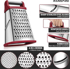 Rainspire Professional Box Grater, Cheese Grater Box for Kitchen Stainless Steel with 4 Sides, Cheese and Spice Graters with Handle for Vegetables, Ginger, Potatoes, Red