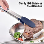 Doosu Kitchen Tongs for Cooking - 600°F Heat Resistant Food Tong with Non-Scratch Silicone Tips, Heavy Duty Stainless Steel Locking Tong for BBQ, Grilling Steak, Serving Salad Pasta (12in, Navy Blue)