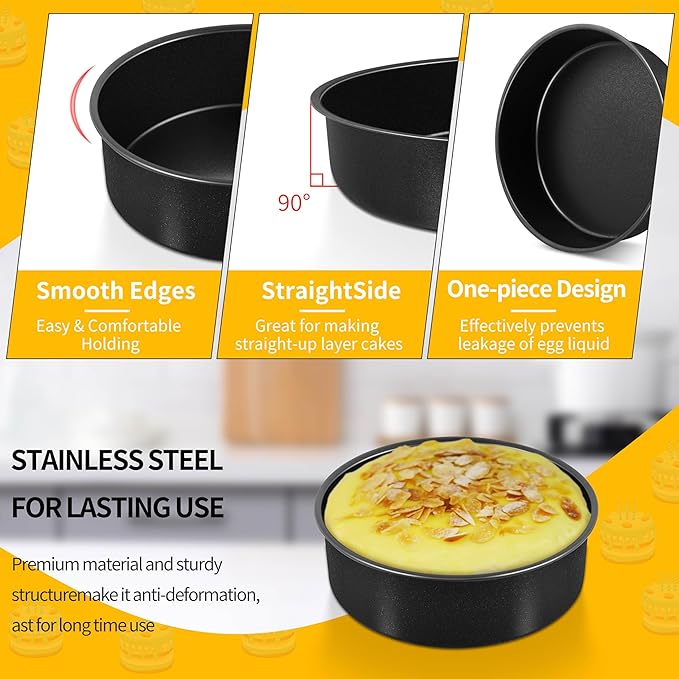 P&P CHEF Non-stick Cake Pan Set of 2,6 Inch Round Baking Cake Pans Tins for Tier Smash Cakes, Non-Toxic & Solid, Stainless Steel Core & Leak-Proof, 2Pcs