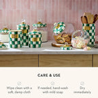 MACKENZIE-CHILDS Large Enamel Canister, Kitchen Storage Container with Lid, Green-and-White Emerald Check
