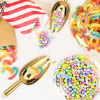 6 Ounce Ice Scoop Set of 2, E-far Gold Stainless Steel Small Scoops for Ice Cube/Candy/Flour/Sugar, Metal Utility Scoops for Canisters, Baking, Kitchen Pantry, Rust Free & Dishwasher Safe