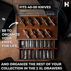 Premium Pocket Knife Display Case for 50 Knives - Extra Large Wooden Knife Organizer, Storage & Holder with Unique Pillars, 2 Drawers - Knife Collection Box - Handcrafted for Men