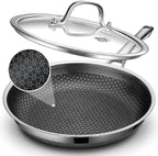 Frying Pan with Lid, 12 Inch Hybrid Non Stick Stainless Steel Skillets, Dishwasher Induction Oven Broiler Safe, Non Toxic Chef's Pan, PFOA Free Cookware