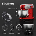 Stand Mixer, 3.5QT+6QT Two Bowls Kitchen Electric Mixer, 600W 6+P speed Tilt-Head Food Mixer with Stainless Steel Bowl, Dishwasher-Safe Dough Hook, Flat Beater, Wire Whisk, Splash Guard, Red