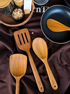 SarnThai Wooden Spoons for Cooking – 3 PCS Handcrafted Thai Teak Utensil Set, Stirring Spatula & Serving Spoon, Eco-Friendly, Ideal as Wok Spatula Wood