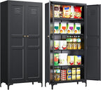 SISESOL Metal Storage Cabinet with Doors and Shelves,Black Storage Cabinet with Leg,Metal Pantry Cabinets,Ventilated Pantry Closet,Tall Large Cupboard for Home,Kitchen,Dining/Living/Laundry Room