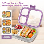 Stainless Steel Lunch Box: Metal Bento Box for Kids Adults - 3 Compartments Leak-Proof Lunch Box, Purple