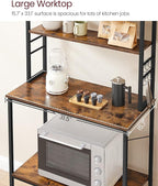 VASAGLE Coffee Bar, 31.5 Inches Baker's Rack for Kitchen with Storage, 6-Tier Kitchen Shelves with 6 Hooks, Microwave Stand, Industrial, Rustic Brown and Black UKKS019B01