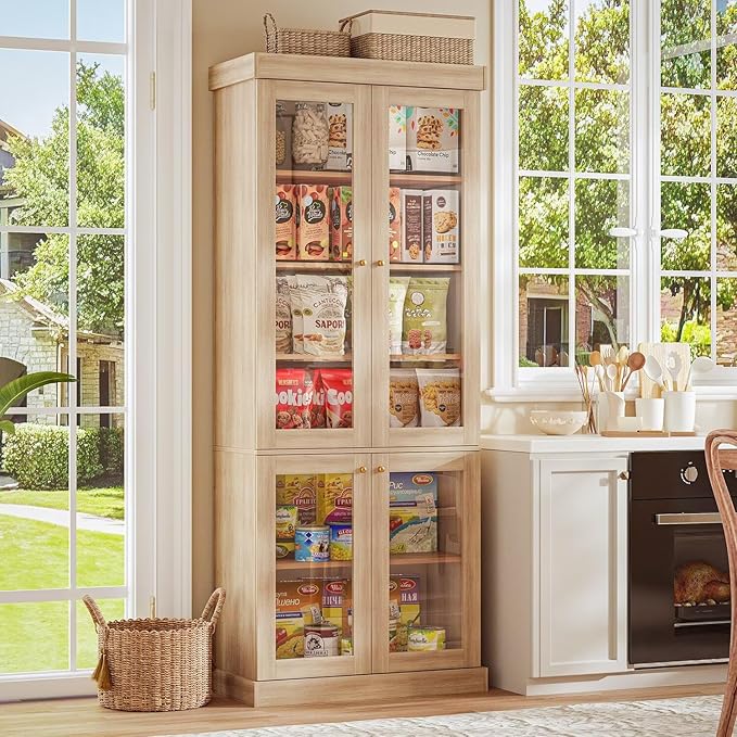 70.8" Tall Brown Bookshelf with Glass Doors, Farmhouse Modular Bookcase with 6-Tier Adjustable Shelves, Large Storage Cabinet for Home Office, Living Room, Set of 3