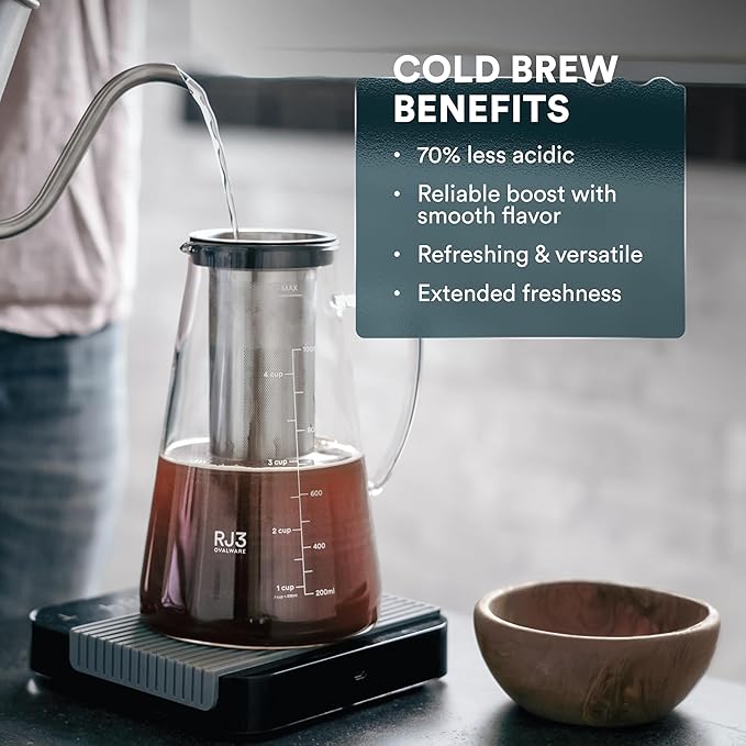 OVALWARE Airtight Cold Brew Iced Coffee Maker Pitcher and Tea Infuser with Spout - 1.0L / 34oz Ovalware RJ3 Brewing Glass Carafe with Removable Stainless Steel Filter