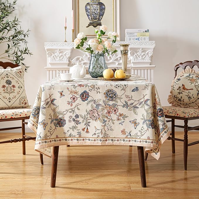ISAENNE Designer French Light Beige Long Tablecloth Rectangle,Linen Florals and Birds Pattern Table Cloth,Anti-Wrinkle Decorative Tablecloths for Dining Thanksgiving Kitchen,63"*102"-Cornucopia
