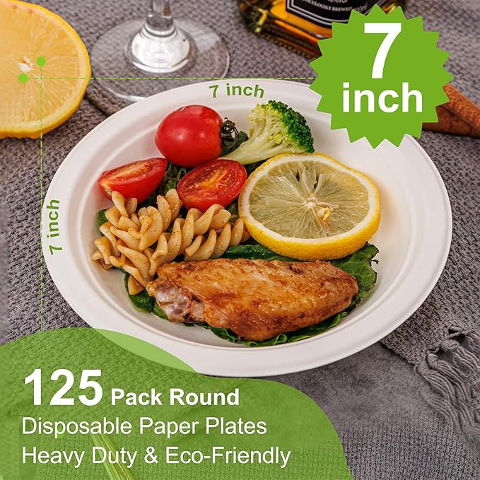 WELLIFE 7 Inch Paper Plates, 125-Pack Small Dessert Paper Plates Bulk, 100% Compostable Biodegradable Bagasse, Eco-Friendly Disposable Plate for Dessert,BBQ,Picnic,Party (BPI Certified,Microwaveable)