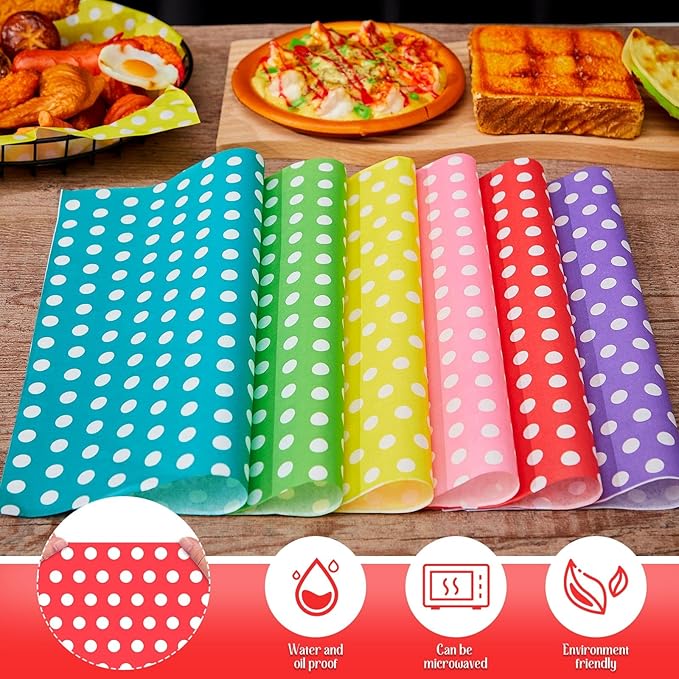 Fulmoon 300 Sheets Waxed Deli Paper Sheets for Food 12 x 12 Inch Polka Dot Dry Wax Paper Greaseproof Food Basket Liners Sandwich Wraps for Wrapping Bread Baking BBQ Picnic Party (Multicolor)