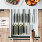 Domax Bamboo In-drawer Knife Block - Knife Drawer Organizer Insert Large Handle Steak Knife Holder, Kitchen Drawer Knife Organizer Fits for 16 knives and 1 Sharpening Steel (Not Included), White