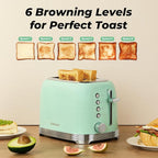 Toaster 2 Slice Retro Stainless Steel with 1.5” Extra Wide Slots Bagel, Defrost, Reheat, Cancel Functions, 6 Bread Shade Settings, Removable Crumb Tray, Aqua Green