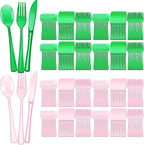 Minatee 150 Pieces Disposable Cutlery Set Plastic Silverware Heavy Duty Utensil Sets 50 Forks 50 Knives 50 Spoons for Home Office School Party Picnics Restaurant Outdoor Events (Pink,Green)
