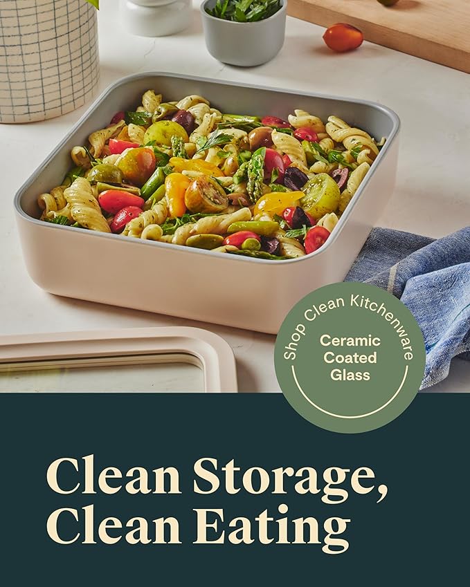 Caraway 2pc Glass Food Storage Set - 10 Cup Food Containers (2) - Ceramic Coated - Non Toxic, Non Stick Lunch Box with Lids. Dishwasher, Oven, & Microwave Safe - Sage