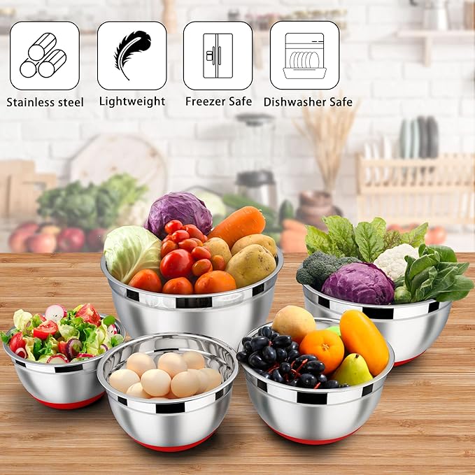 LIANYU Mixing Bowls Set of 6 with Airtight Lids, Size 7, 3.5, 2.5, 2, 1.5, 1QT Large Metal Stainless Steel Nesting Bowls for Cooking, Baking, Food Storage, Non-slip Bottom, Red