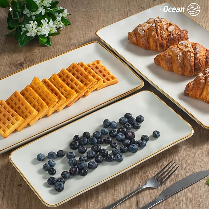 famiware Serving Platter, Rectangular 15.67/14.1/12.6inch Serving Dishes for Entertaining, Microwave Dishwasher Safe, Stoneware Serving Trays for Party, Turkey, Cheese, Ocean Series, Vanilla White