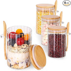 4 Pack Glass Containers with Lids and Spoons, Overnight Oat Container with Lids Glass, Oatmeal Jar with Spoons, Meal Prep Jars for Yogurt, Chia Pudding (Ribbed Round 4PCS)