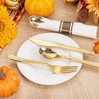 WELLIFE 400PCS Gold Plastic Silverware, Pre Rolled Silverware Set Disposable,Plastic Cutlery Includes: 100 Forks, 100 Knives, 100 Spoons, 100 Napkins, Cutlery Set Disposable for Thanksgiving