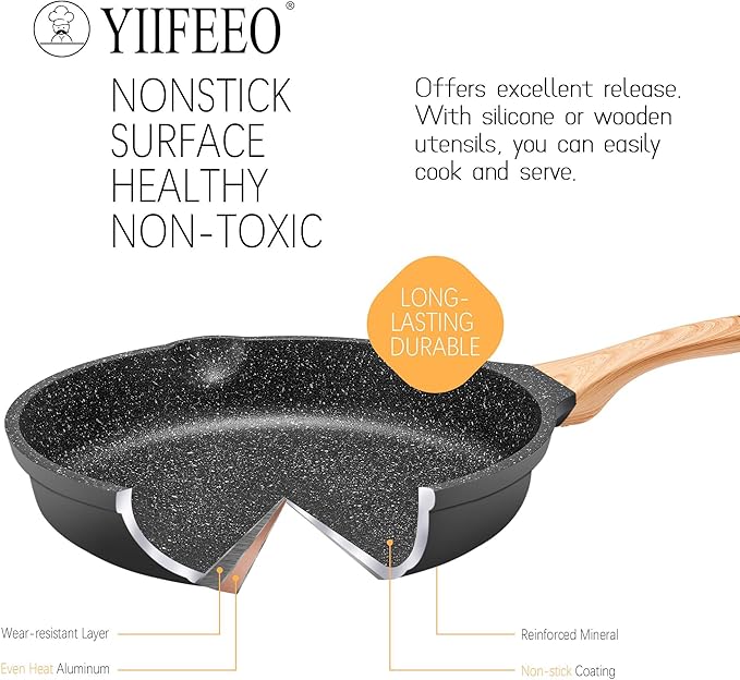 Non Stick Frying Pan Set with Lids, Granite Skillet Set, Egg Omelette Pans for Cooking Pan Set, No Toxic Kitchen Cookware Set Compatible with All Stovetops (Gas & Induction), PFOA Free, Gift