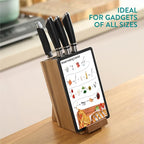 Navaris Wooden Kitchen Knife Block with Holder - Holds a Chopping Board, Phone or Tablet - Acacia Angled Design, 12.5 x 18.7 x 26.2 cm (4.9" x 7.4" x 10.3")