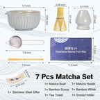 Matcha Whisk Set, Japanese Tea Ceremony Kit, 18oz Spout Bowl, Bamboo Whisk Scoop, Ceramic Holder Sifter Towel,7 pcs Matcha Tea Kit for Matcha Lovers, Christmas, Birthday Gift(White)