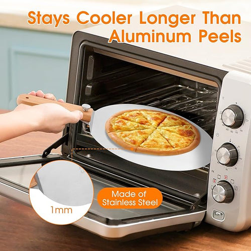 12 inch Stainless Pizza Peel for Large Oven, Pizza Spatula with Foldable Wood Handle for Indoor & Outdoor Pizza Oven Baking, Turing Peel for Pizza, Dough, Bread Pastry
