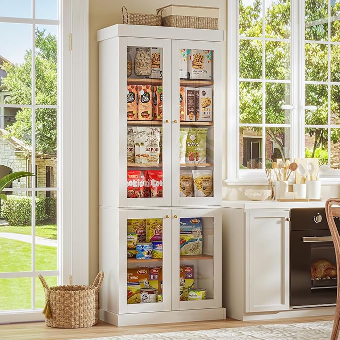 70.8" Tall Farmhouse Kitchen Pantry Cabinet with Glass Doors, Modular Storage Cabinet with 6-Tier Adjustable Shelves, White, Wooden Hutch for Kitchen, Living Room, Set of 3
